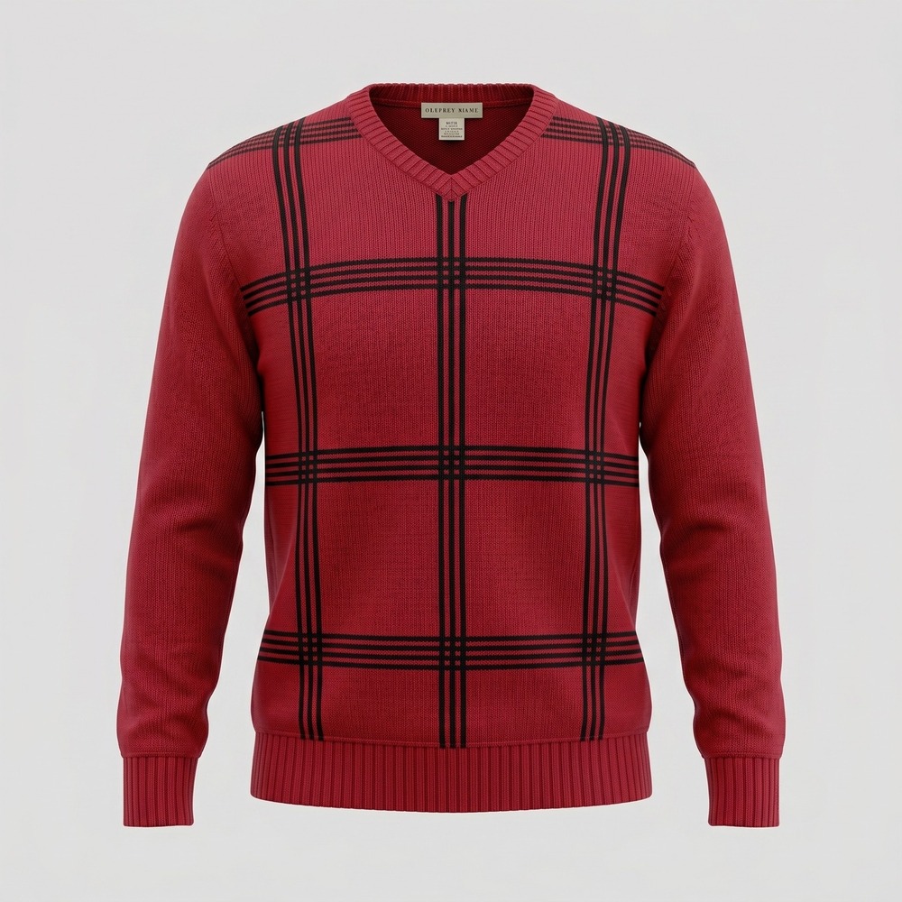 Geoffrey Beene Mens XL Red Sweater Crewneck Windowpane Plaid Cotton Knit‎